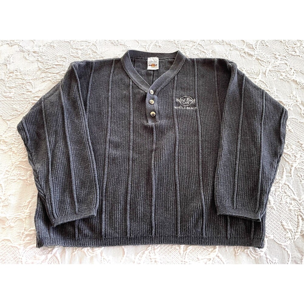 Vtg Hard Rock Cafe Myrtle Beach Henley Sweater Cable-Knit Gray Mens XL